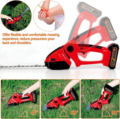 Cordless 2-In-1 Hedge Trimmer And Grass Shears with adjustable angles, showing ergonomic grip and battery placement