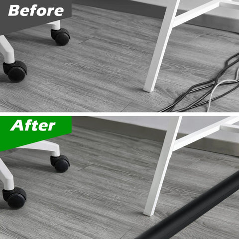 Before and after using Beefy Floor Cord Cover 34In Two 17In Sections Thick 2.5 mm Hard PVC Cable Management on flat floor.