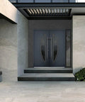 Slick Prehung Steel Double Front Doors Featuring Tinted Black Glass Sidelite Modern Right Inswing Entry System with sleek design.