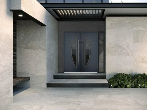 Slick Prehung Steel Double Front Doors Featuring Tinted Black Glass Sidelite Modern Right Inswing Entry System with sleek design.