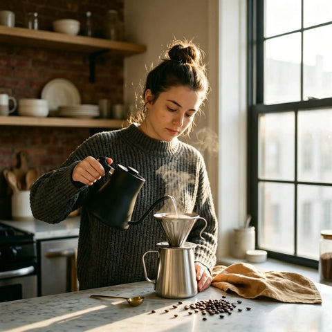 Person using Reusable Stainless Steel Coffee Dripper For Pour Over Coffee, Large V Shaped Filter With Handle, in kitchen