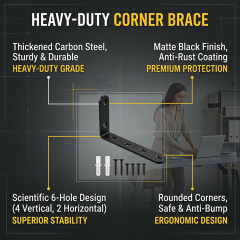 Top Notch Rock Solid Heavy Duty Black Cold Rolled Steel L Brackets 5 X 3 Inch with screws, featured in ergonomic design.