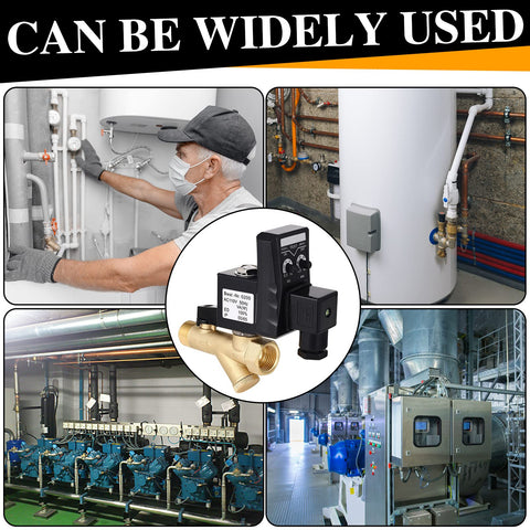 Automatic Drain Valve Kit For Air Compressors With Electronic Tank Drain, shown with installations and components