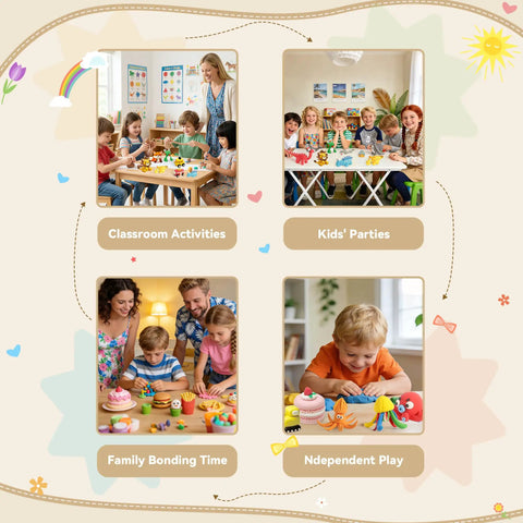 Children using 66 Color Modeling Clay Kit For Kids With Tools in various settings like classroom activities and family bonding.