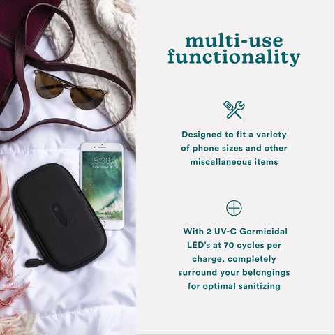 UVC Portable Sanitizer Box With Rechargeable Battery Kills Ninety Nine Point Nine Percent Germs On The Go Fits Masks Makeup Brushes Glasses Phones Keys Black next to phone and sunglasses.
