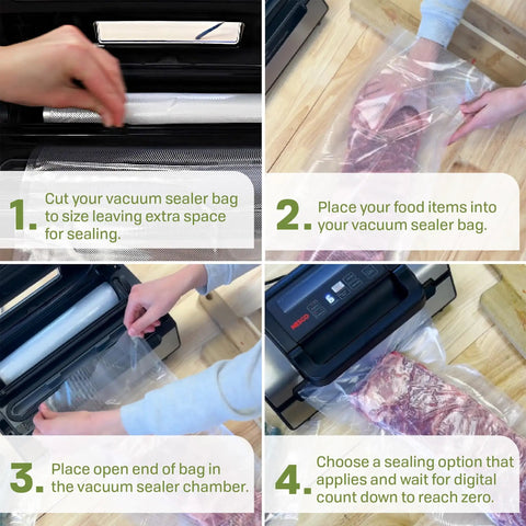 Deluxe 130 Watt Vacuum Sealer With Double Pump Dry Moist And Double Seal Modes in use sealing a bag of meat on a wooden counter.