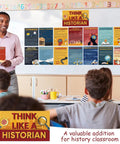 Think Like A Historian Posters 16 Pack Social Studies Classroom Decorations Bulletin Board Set displayed in a classroom.