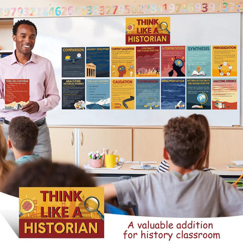 Think Like A Historian Posters 16 Pack Social Studies Classroom Decorations Bulletin Board Set displayed in a classroom.
