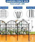 26 Pack Decorative Garden Fence 22 Inch By 28 Foot Arched No Dig Border Fence Ground Stakes Rustproof Metal Animal Barrier For Dogs Rabbits Outdoor Yard Patio Decor, showing fence dimensions and components.