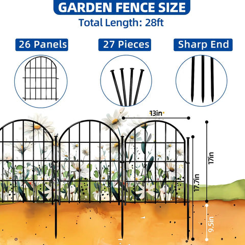 26 Pack Decorative Garden Fence 22 Inch By 28 Foot Arched No Dig Border Fence Ground Stakes Rustproof Metal Animal Barrier For Dogs Rabbits Outdoor Yard Patio Decor, showing fence dimensions and components.
