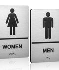 Two Piece ADA Restroom Signs For Business Men's And Women's Bathroom Sign Set in Silver Brushed Aluminum, raised Braille.