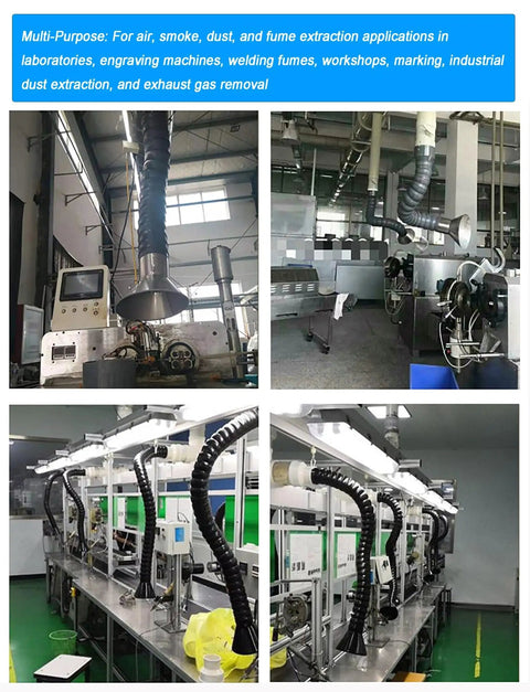 Slick 360 Articulated Dust Collection Arm With Wide Hood For Welding Smoke And Industrial Shops 160Mm Flexible Fume Extractor Hose in workshop setup.