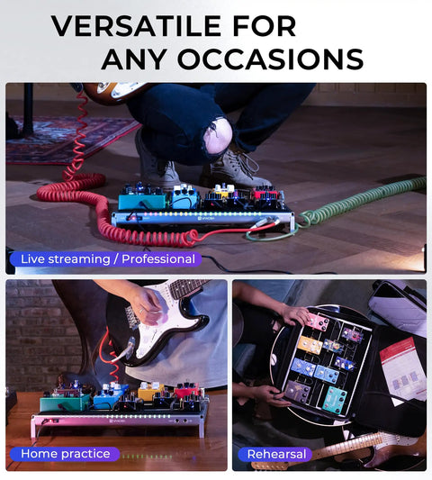 Guitar Pedalboard With Isolated Power Supply, PD-M Aluminum One-Piece Bent Frame in various use settings.
