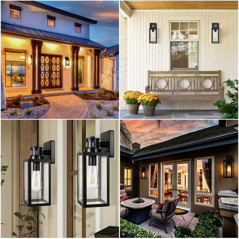 2-Pack Motion Sensor Outdoor Wall Lights Upgraded Dusk to Dawn Exterior Lantern Sconces with Seeded Glass Black Finish for Front Door Entryway Porch Garage Outside Lighting