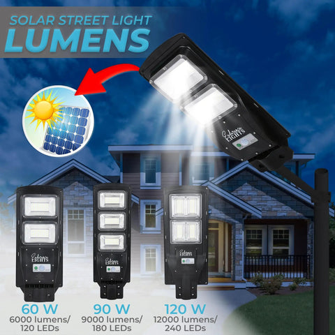 60W Solar Street Light Outdoor With 6000 Lumens LED Flood Brightness, Waterproof Motion Sensor Security Night Light, Dusk To Dawn, Wall Or Pole Mount, No Wires Needed, Plug And Play Install, Great For Driveways, Patios, Yards, And Parking featuring multiple light options and solar panel