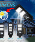 90W Solar Street Light Outdoor Wire Free 9000 Lumen Waterproof LED Flood Light With Motion Sensor mounted on pole near house