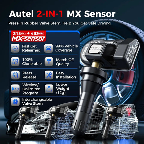 Programmable TPMS Sensor MX 315/433MHz For Cars And Light Trucks, Universal Coverage, Easy Setup, Cost-Effective Tire Pressure Monitoring Sensor For Shops And DIYers, 99 Percent Vehicle Compatibility, press-in rubber valve stem