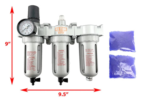 Half Inch NPT Mid Flow Three Stage Pro Grade Combo Water Filter Pressure Regulator Coalescing Filter Desiccant Dryer System showing dimensions