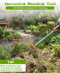 Stainless Steel Hand Weeder With Anti Slip Rubber Handle Handy Portable Weeding Tool being used in a garden for uprooting weeds.