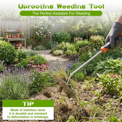 Stainless Steel Hand Weeder With Anti Slip Rubber Handle Handy Portable Weeding Tool being used in a garden for uprooting weeds.