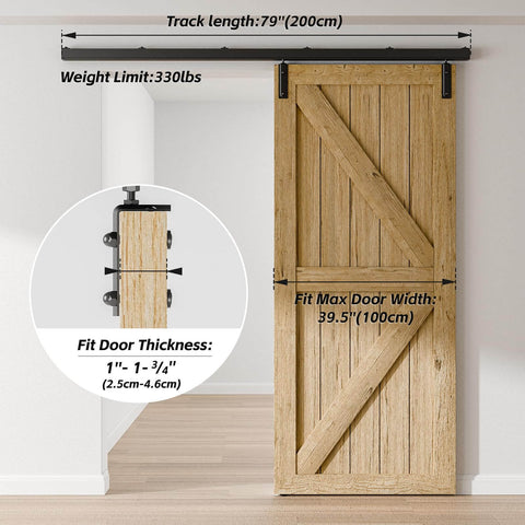 6.6Ft Box Rail Sliding Barn Door Hardware Kit Alloy Steel Wall Mount for Single Door, wooden door installed in room.