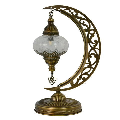 Turkish Clear Glass Moon Shape Table Lamp, Vintage Crescent Boho Chic Desk Light For Rustic Living Rooms, Antique Glam Decor