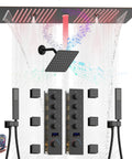 Slick Matte Black Full Body Shower System Featuring Digital Temperature Control Valve And 12 By 35 Inch Four In One Rainfall Showerhead Heavy Duty Brass Core Delivering Premium Spa Performance with LED lighting and hand control.