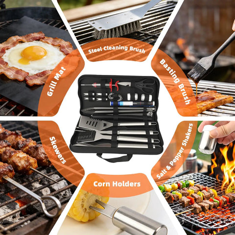 32 Piece Heavy Duty Stainless Steel BBQ Grill Tool Set With Case Including Spatula, Tongs, Fork, Knife, Grill Tools Display