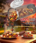 Rolling Grill Basket Set For Dad And Grill Masters pouring grilled vegetables and meats onto outdoor table, removable wooden handle visible.