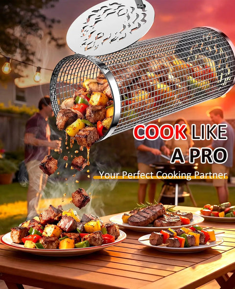 Rolling Grill Basket Set For Dad And Grill Masters pouring grilled vegetables and meats onto outdoor table, removable wooden handle visible.