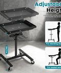 Rolling Work Table With Adjustable Height, Mobile Tool Cart For Drills And Bits Storage on wheels, shown with height measurements