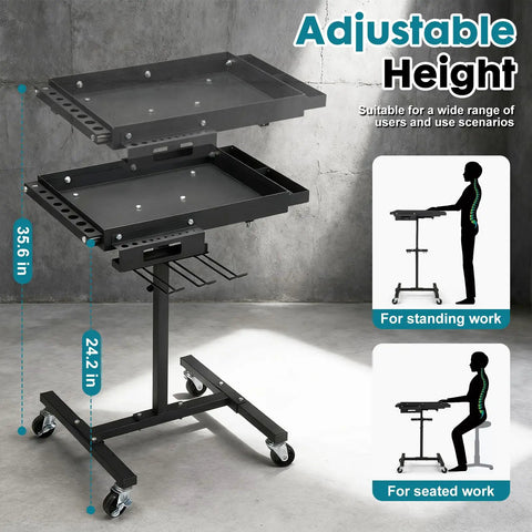 Rolling Work Table With Adjustable Height, Mobile Tool Cart For Drills And Bits Storage on wheels, shown with height measurements
