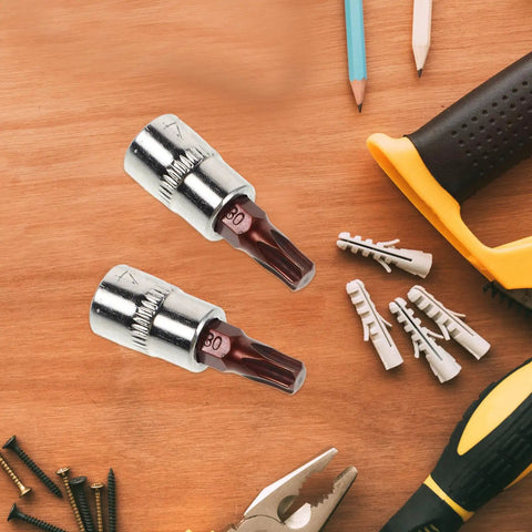 Heavy Duty Tamper Proof Hex Bit Sockets And Star Socket Set For Ratchet Wrenches on a wooden surface for repair tasks.