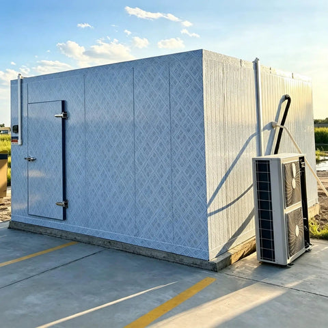 Shop Grade Modular Walk In Cooler And Freezer Combo For Restaurant Food Storage Quick Snap Together Insulated Cold Room Kit exterior view.