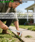 Man using L Shaped Double Sided Beech Handle Stainless Steel Crevice Weeder Manual Weeding Tool For Tight Gaps In Patio Stones