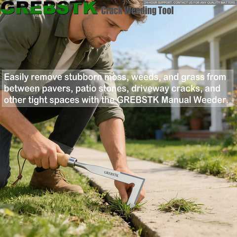 Man using L Shaped Double Sided Beech Handle Stainless Steel Crevice Weeder Manual Weeding Tool For Tight Gaps In Patio Stones