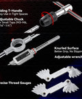 80-piece tap and die set with sliding T-handle, knurled adjustable wrench, and metric/SAE thread gauges