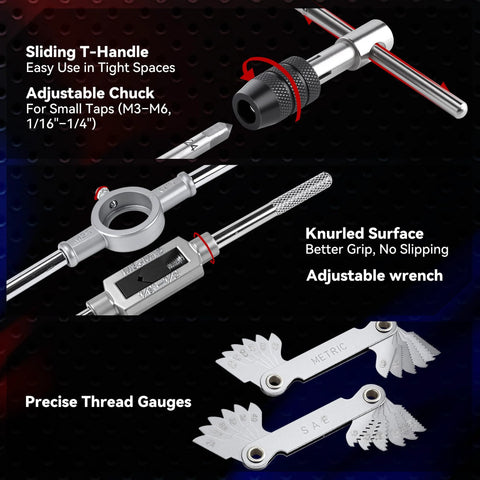80-piece tap and die set with sliding T-handle, knurled adjustable wrench, and metric/SAE thread gauges