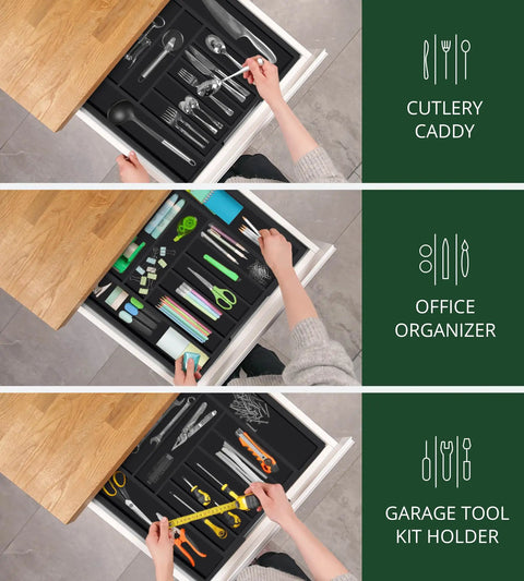 Premium Must Have Bamboo Kitchen Drawer Organizer With 9 Grooved Slots For Silverware And Utensils in use