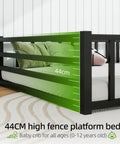 Side view of Safe Toddler Floor Bed With Rails And Door Full Size Montessori Bed showing 44cm high metal guardrails in black