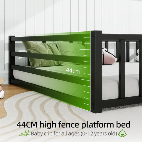 Side view of Safe Toddler Floor Bed With Rails And Door Full Size Montessori Bed showing 44cm high metal guardrails in black