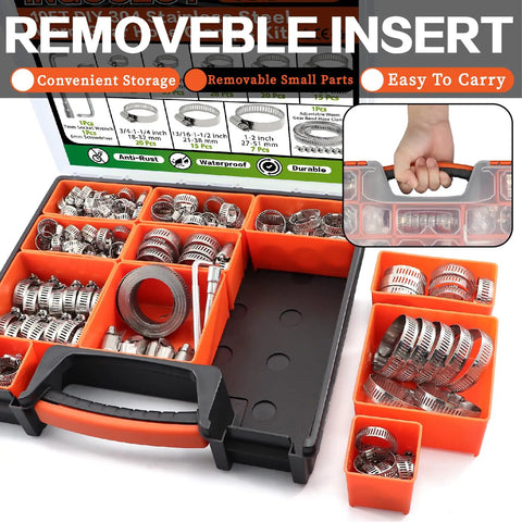 Pro Grade Heavy Duty Hose Clamps Kit With 185 Piece Set in orange storage box with compartments and handle