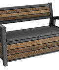 60 Gallon Storage Bench Deck Box For Patio And Outdoor Hangouts In Walnut Finish, Weatherproof Resin Chest With Wood-Look Texture
