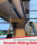 Heavy Duty Beam Trolley System On A 5 Foot Unibilt Enclosed Conveyor Track, showing adjustable steel rollers in a garage setting.