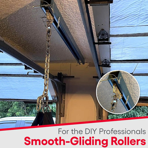 Heavy Duty Beam Trolley System On A 5 Foot Unibilt Enclosed Conveyor Track, showing adjustable steel rollers in a garage setting.