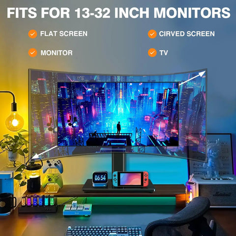 Free Standing Monitor Stand With VESA Mount For 13 To 32 Inch Screens, installed on desk with curved monitor and gaming setup