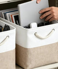 Heavy Duty Foldable Linen Storage Cubes 6 Pack Rock Solid Organizational Baskets with rope handles holding tablets and cables.