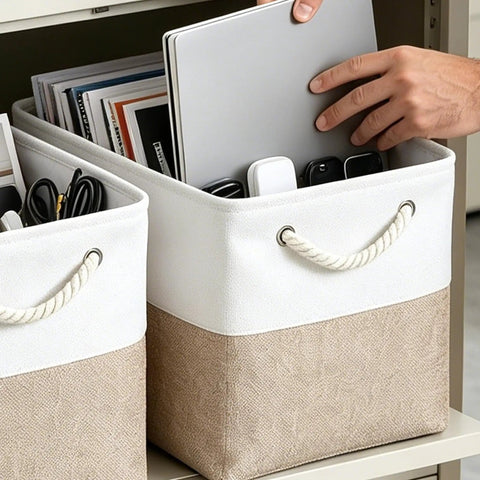 Heavy Duty Foldable Linen Storage Cubes 6 Pack Rock Solid Organizational Baskets with rope handles holding tablets and cables.