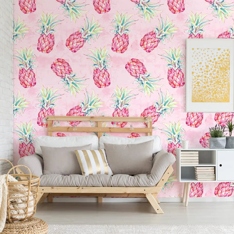 Bold Pink Pineapple Peel And Stick Wallpaper With Watercolor Pineapple Pattern Easy Install Self Adhesive Removable Wall Covering