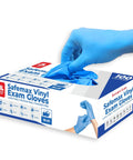 Top Tier Synthetic Vinyl Nitrile Blend Exam Gloves Built Different With Next Level Tactile Sensitivity Killer Grip And All Day Soft Comfort Pack Of One Hundred Medium Count, blue gloves being taken from a box.